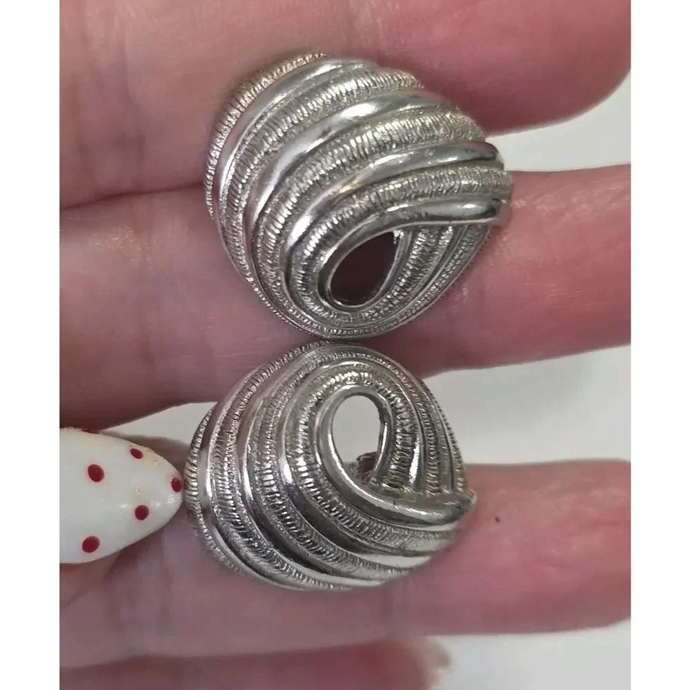Vintage Crown Trifari Signed Earrings Textured Silver Tone Metal Swirl Clip On